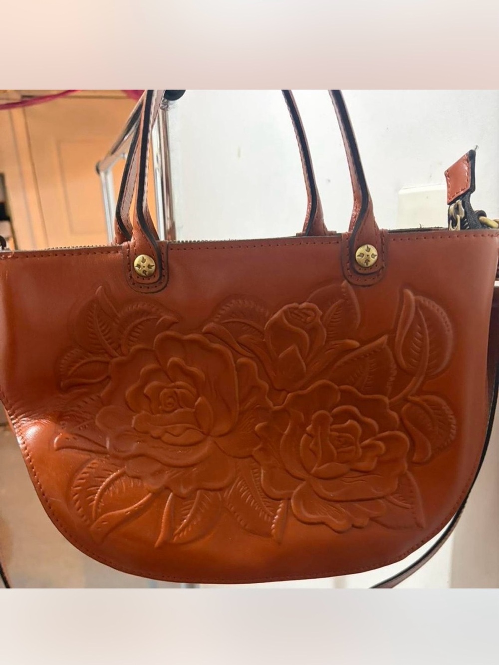 Patricia Nash Fairford Embossed Leather Satchel Shoulder Bag in Cognac - Picture 3 of 6